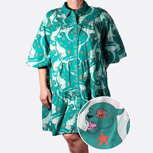 Gorman 100% Organic Cotton Panther Star Smock Dress Teal 2X XXL Designer